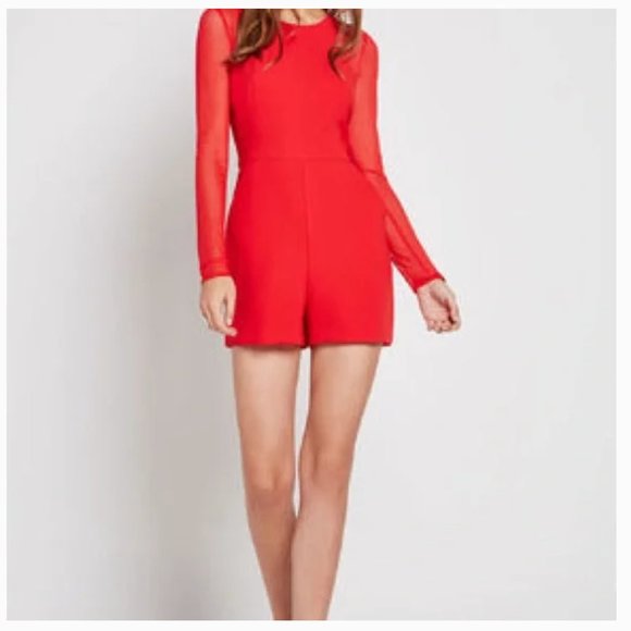 BCBG Mesh Long Sleeve Pannel Romper - Cardinal Red - Picture 1 of 4